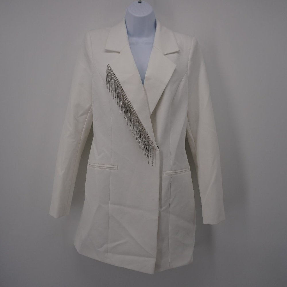 River Island Women's Diamante Fringe Trim Double Breasted Dress In White 10